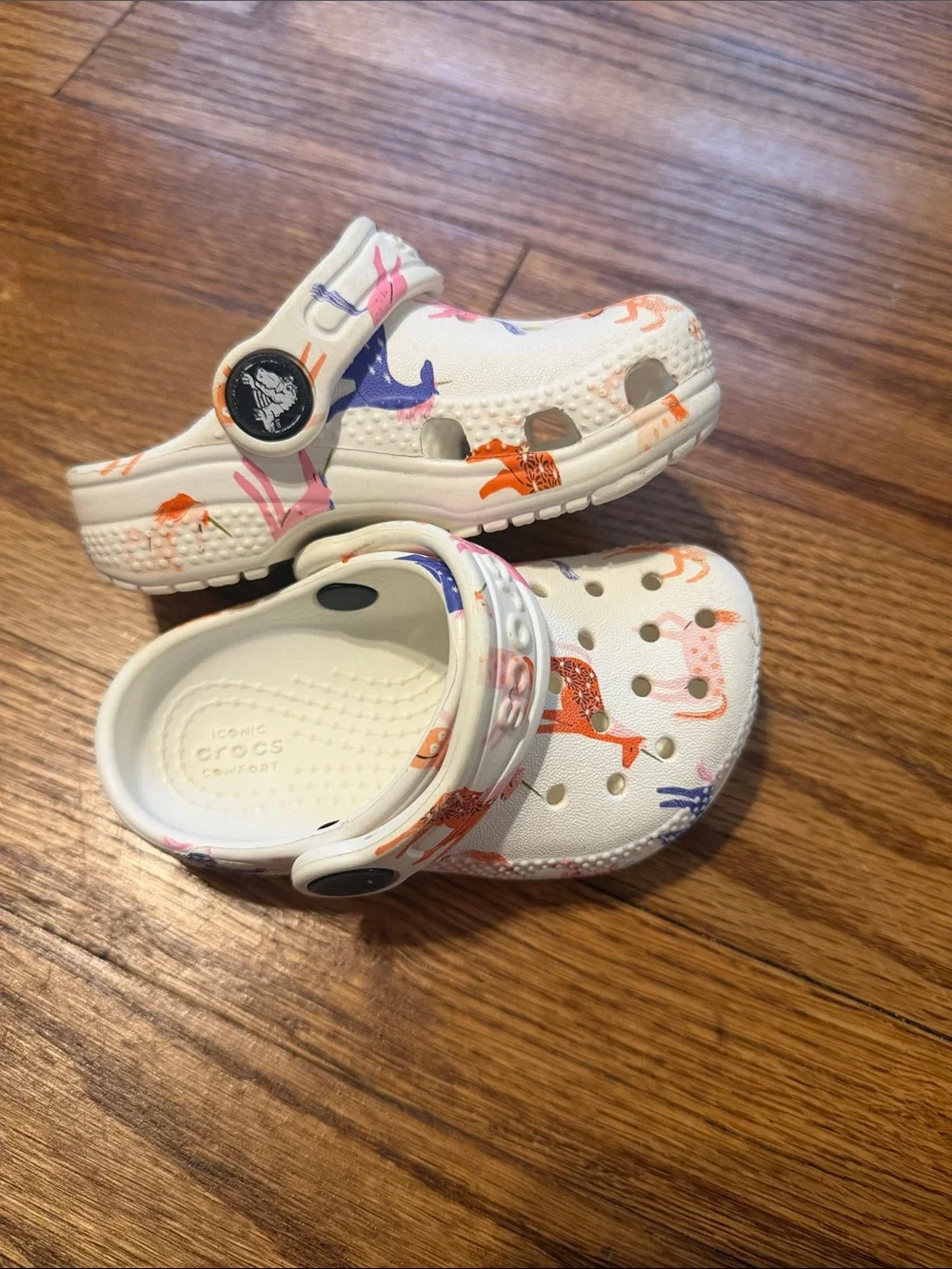CROCS Kids White Clogs with Pink, Orange & Blue Deer Print